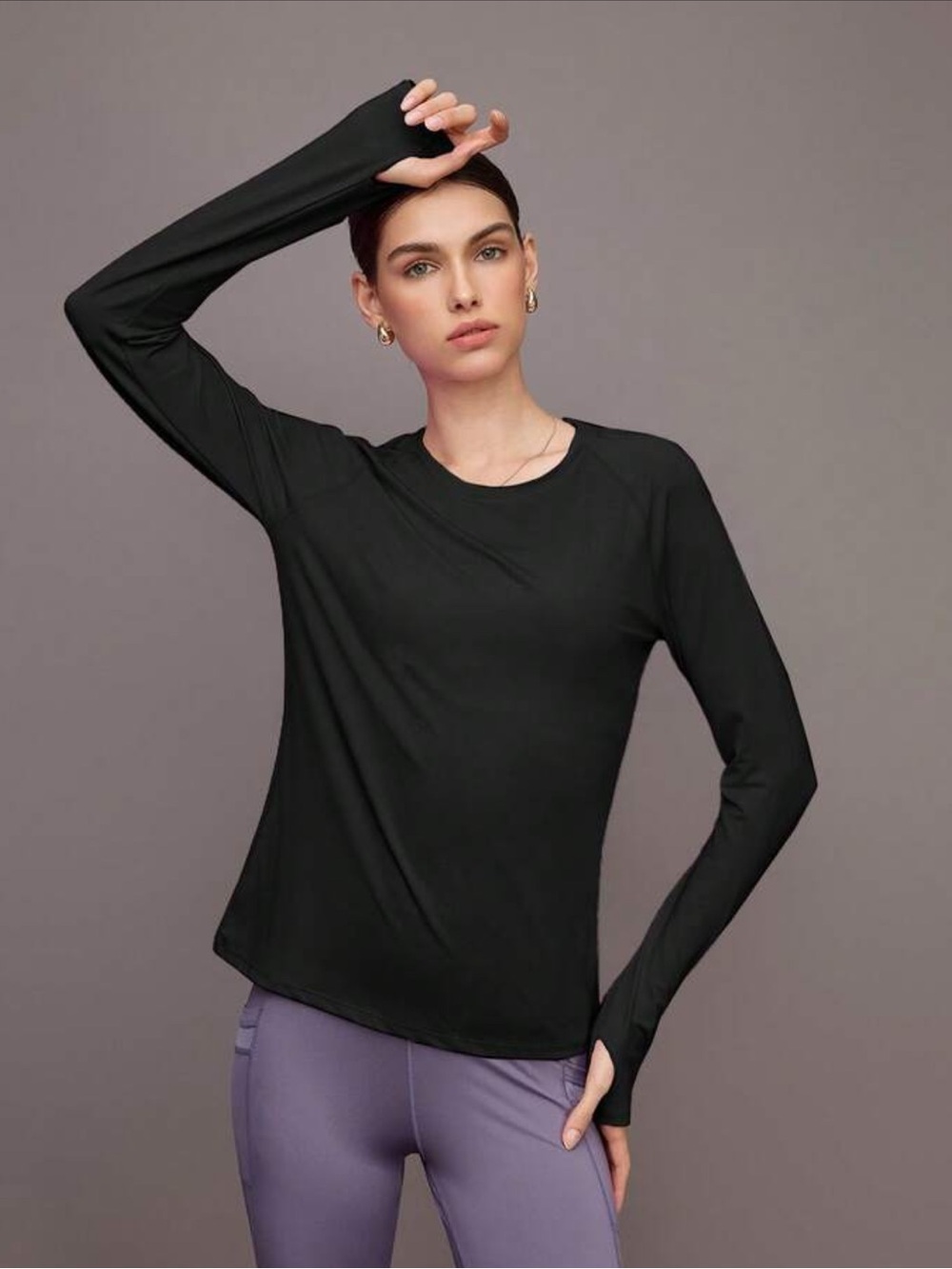 SHEIN Black Long Sleeve Crewneck Top with Thumbholes
